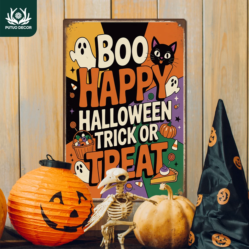 Putuo Decor 1pc Vintage Metal Tin Sign, Boo HAPPY HALLOWEEN trick or treat, Wall Art Decor for Home Halloween Party, Gift