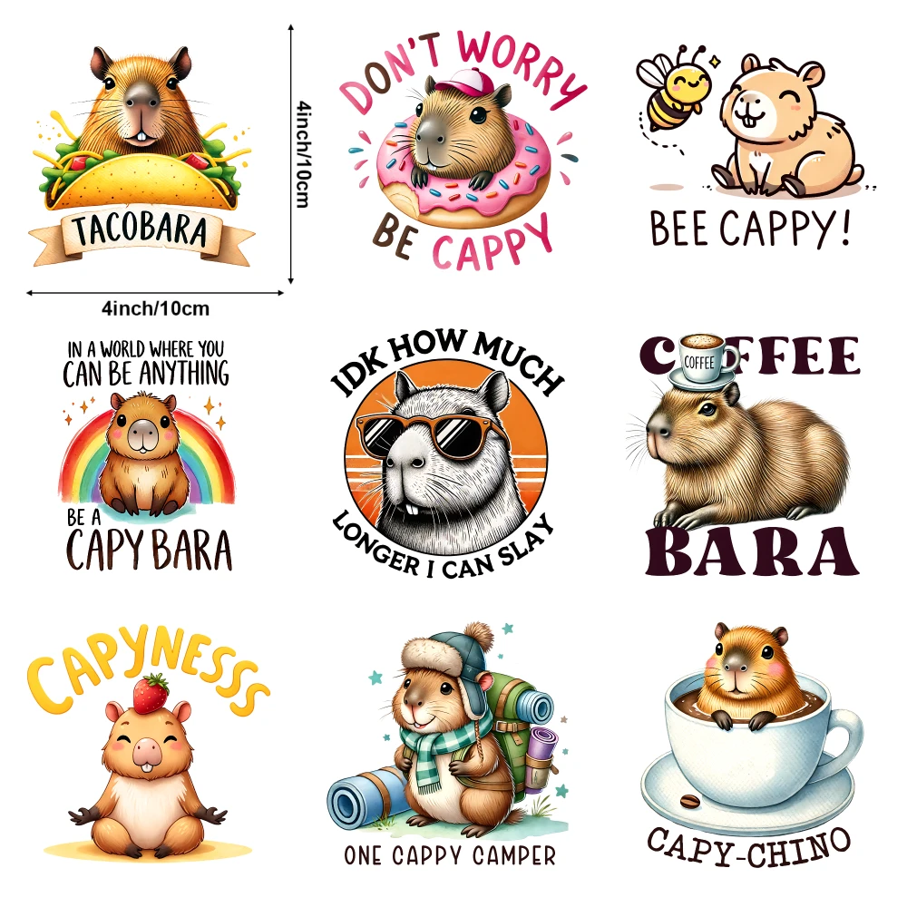 9-Piece Capybara Series DIY Stickers Suitable for Clothing, T-shirts, and Washable Heat Transfer Printing