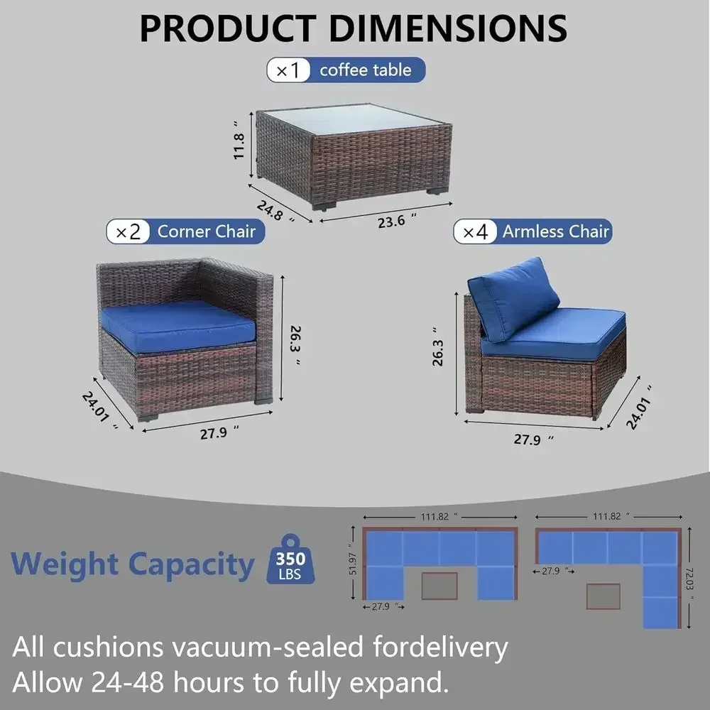 7-Piece Blue Outdoor Patio Furniture Set with Weather-Resistant Rattan, Sectional Sofa, Cushions, Glass Table & Rain Cover