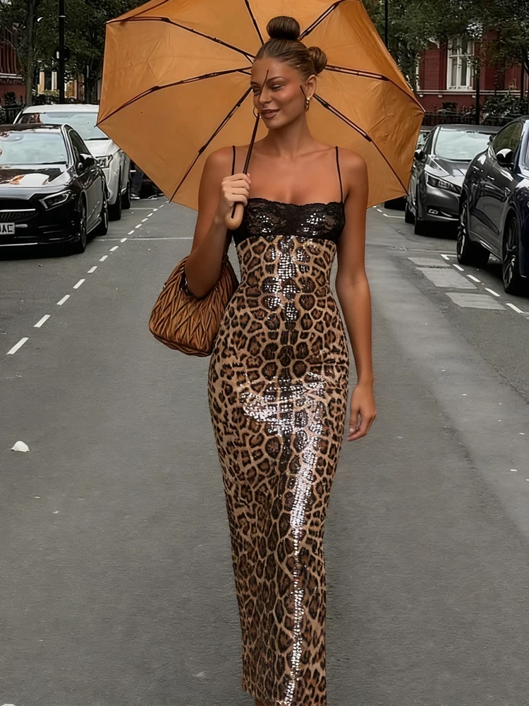 Weird Puss Sexy Leopard Slip Dress Women Jacquard Lace Patchwork Sequined Backless Elegant Stretch Slim Street Clubwear Bodycon