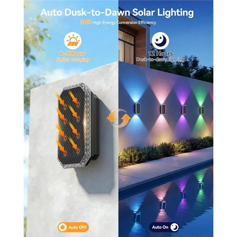 A01F-Bi-Directional Uplights& Downlights 6PCS RGB Solar Fence Lights Outdoor Waterproof Solar Powered Fence Wall Lighting System