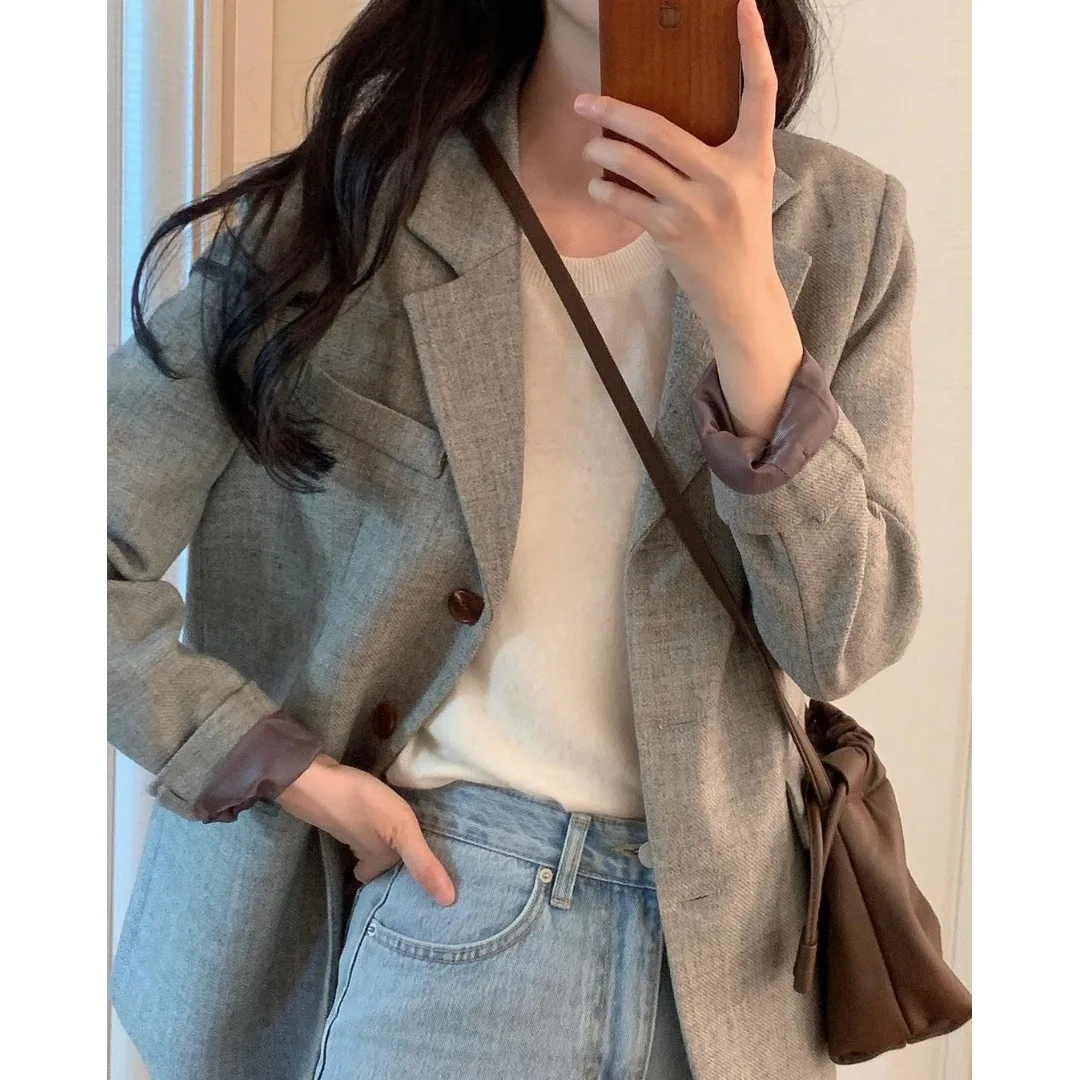 Retro Single-Button Suit Professional Design Simple Long-Sleeve Open Cardigan Outerwear Elegant Fashionable Women's Jacket