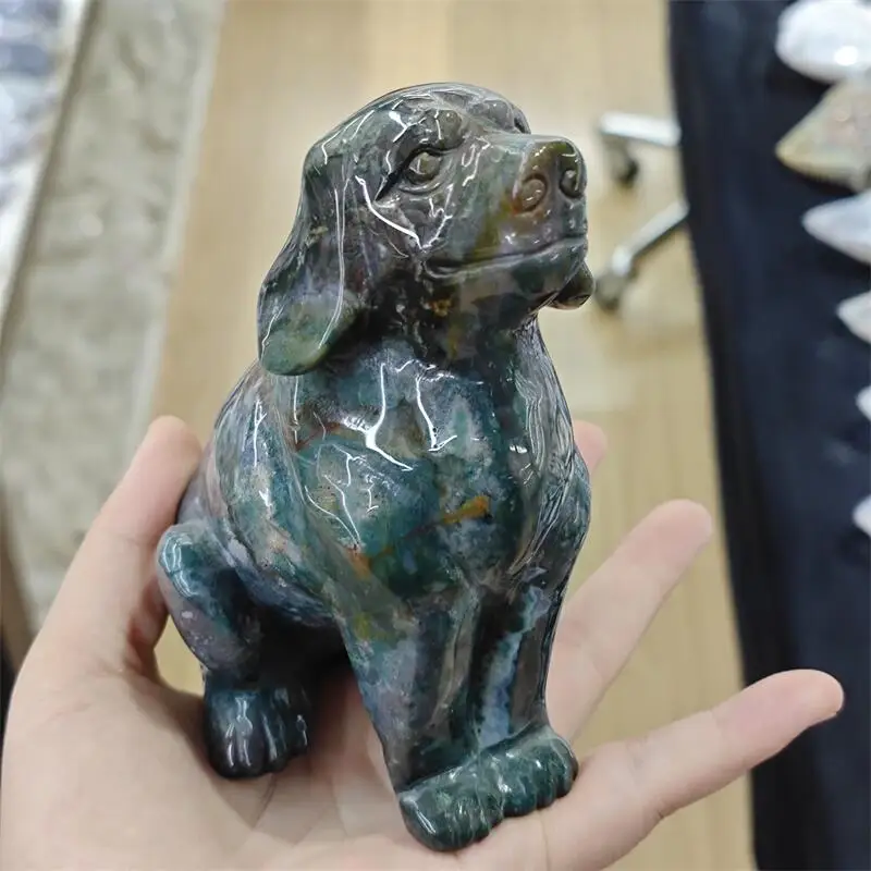 Natural Ocean Jasper Dog Carving Healing Fengshui Gemstones Home Decoration Holiday Gift 1PCS