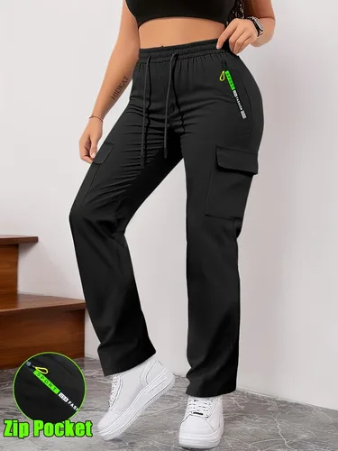Imagen 2 del producto [Pantalones cargo con estampado de letras] Pantalones cargo de moda para mujer Diseño de parche con estampado de letras Cintura elástica con cordón, bolsillos con cremallera