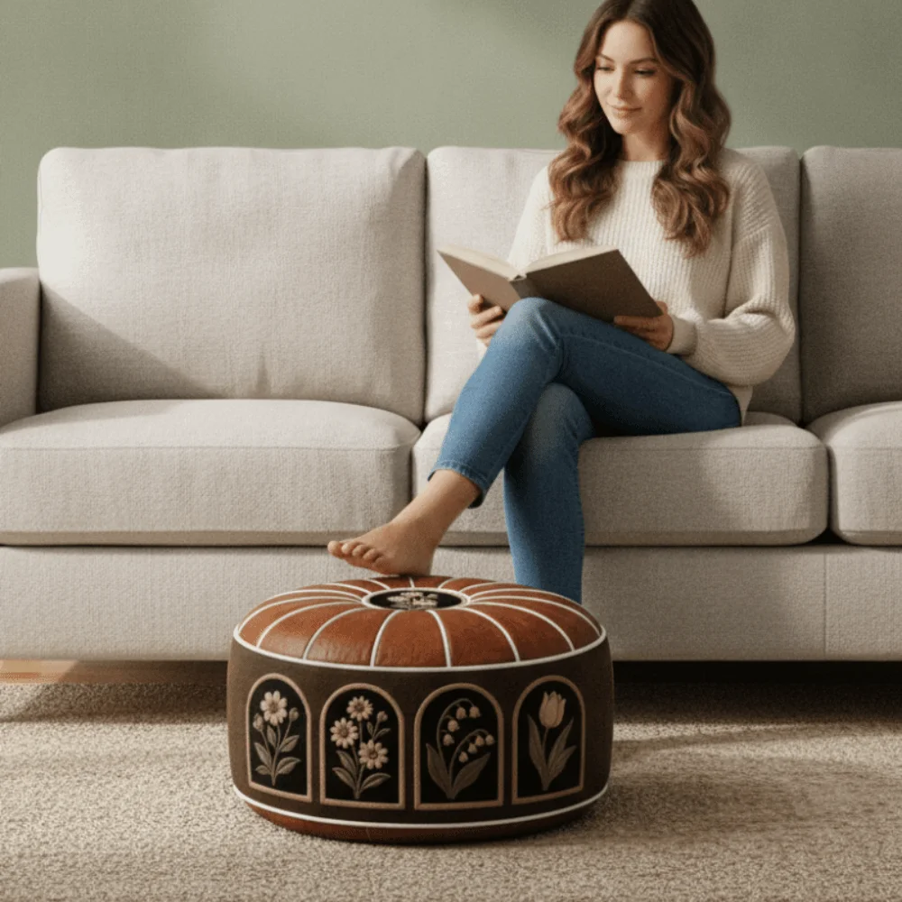 PU Leather Oil Painting Pattern Stool Cover Unfilled Waterproof Pouf Cover Rustic Style Large Capacity Clothes Storage Bag