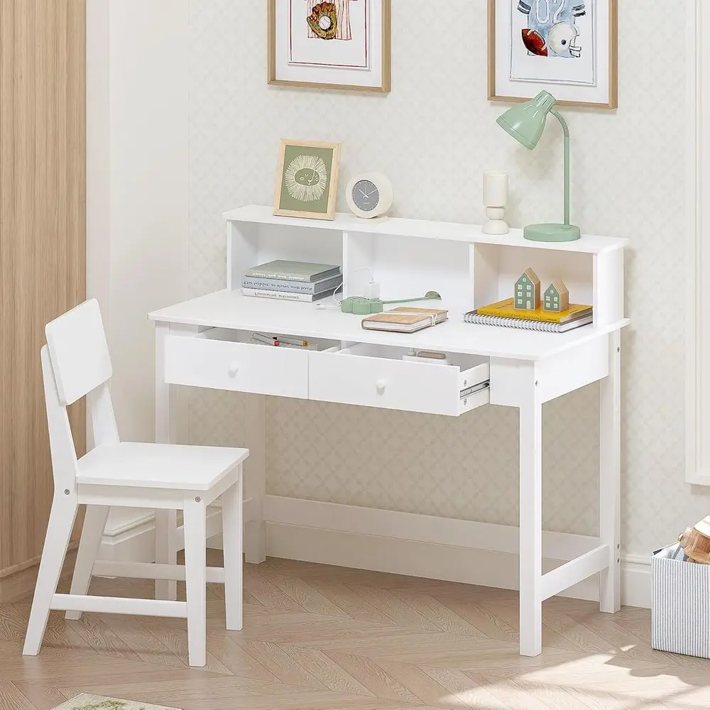 

Children's Wooden Study Desk and Chair Set for Ages 5-12, with Hutch, Perfect for Homework and Computer Use