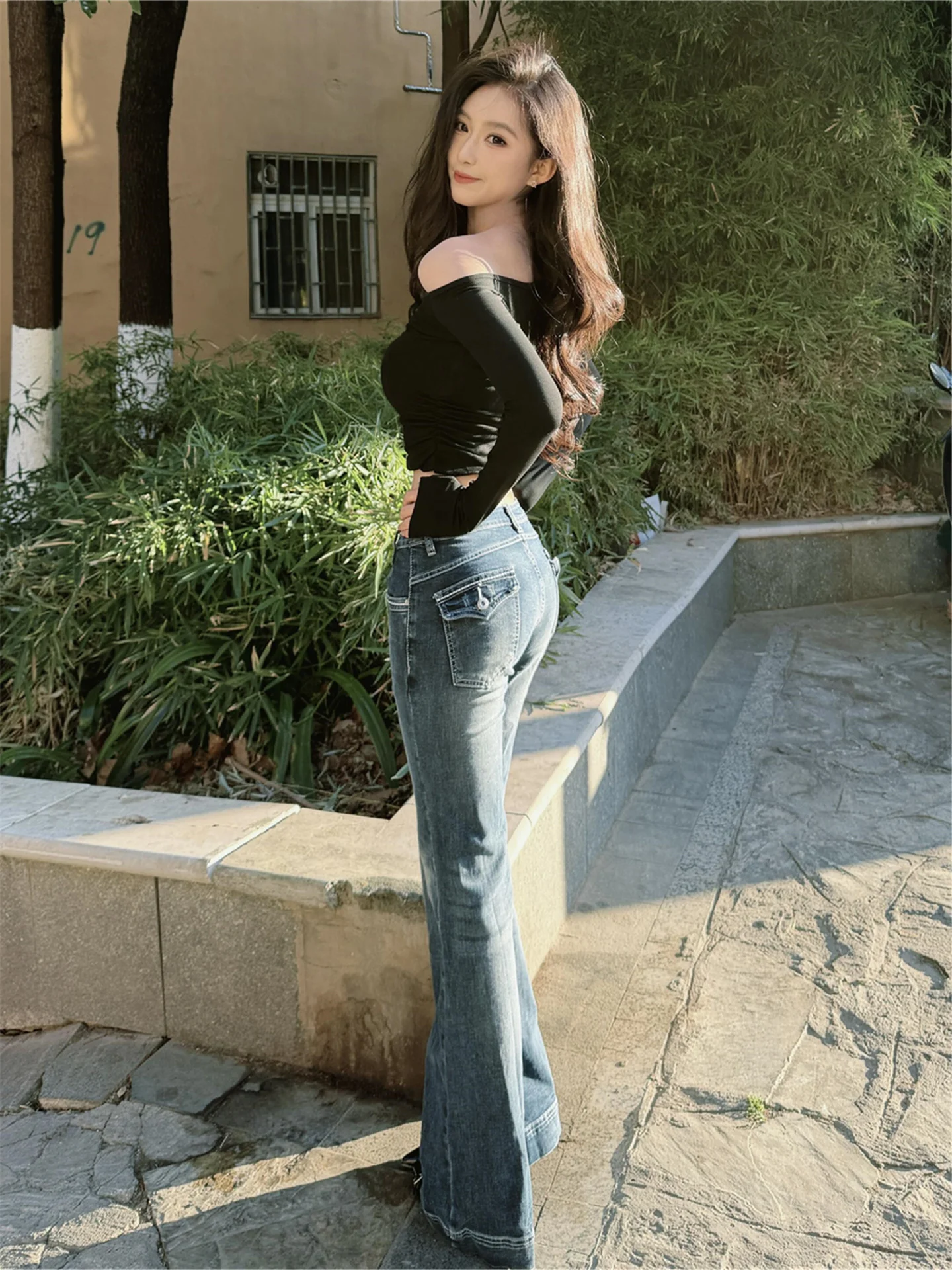 

Extended Length High Waist Bell Bottom Jeans Deep Blue Women's Slimming Skinny Jeans Spring Low Rise Y2K Floor Length Pants