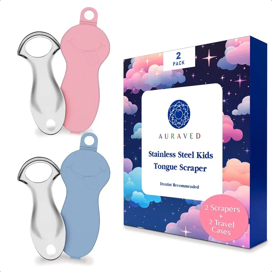 

TONGUE SCRAPER FOR KIDS Stainless steel tongue cleaner Improves Oral hygiene Kid friendly design Dual Pack convenience Two case