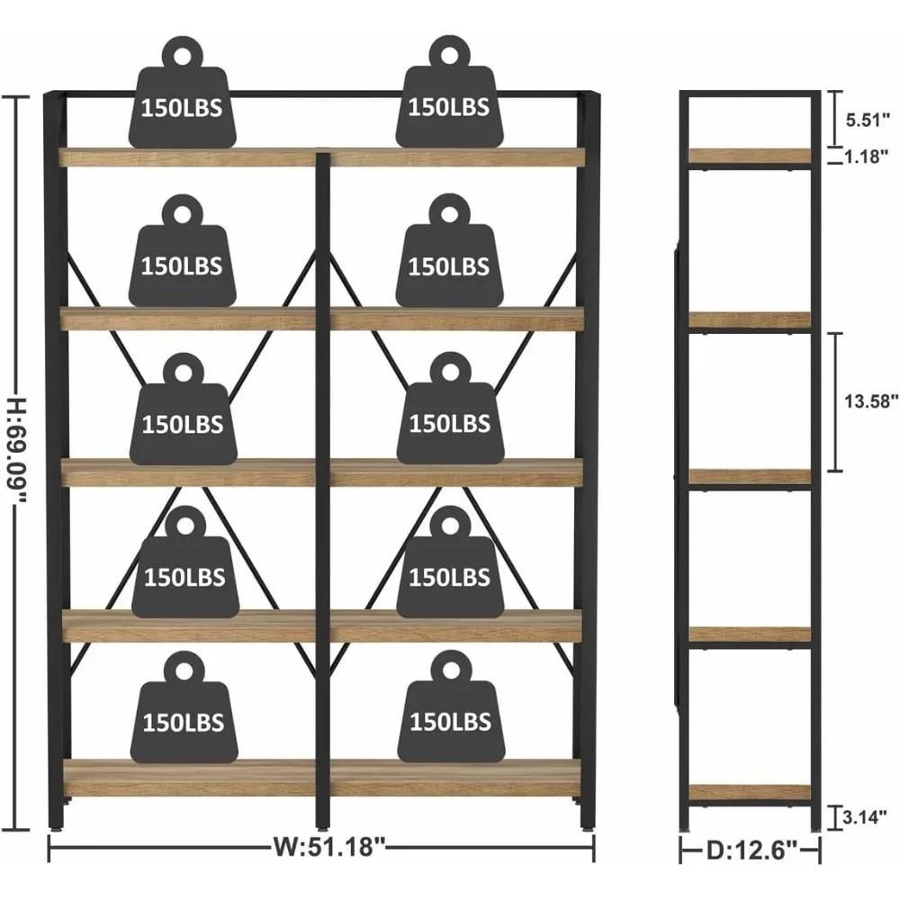 Bookshelf, Industrial 5 Tier, Rustic Wood Etagere Bookcase, Metal Tall Bookshelf with Large Open Shelving Unit (51 Inch Wide)