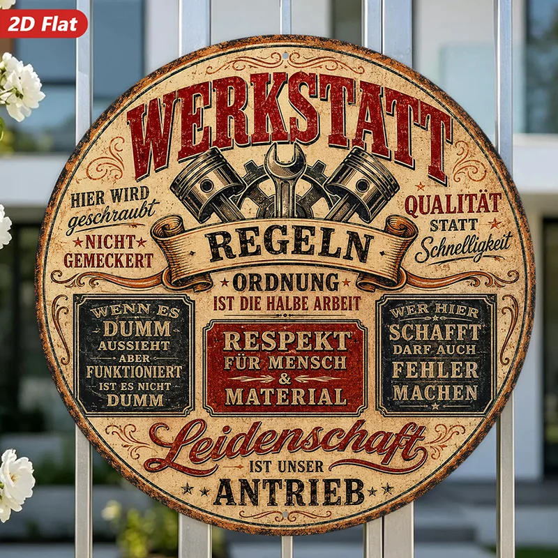 2D Flat, 1pc Workshop Rules Round Metal Sign Wall Art, Werkstatt Regeln Text, Ideal for Studio Office Corner, Wrench And Pistons