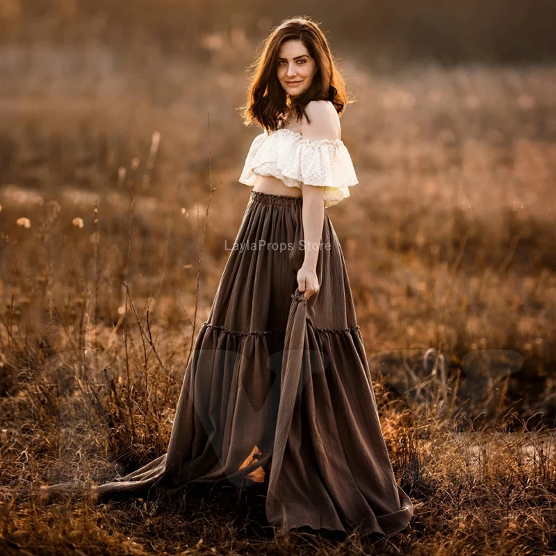 Maternity Photo Shoots Dresses For Baby Shower Boho Special Occasion Photoraphy Dress for Vintage Lace Top Cotton Skirt 2 PC Se