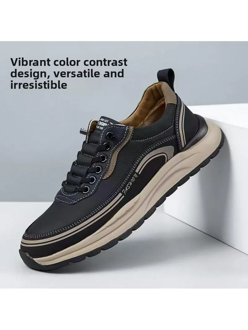 New Men's Comfortable Breathable Casual Shoes Fashionable Lightweight Anti-slip Wear-resistant Waterproof Leather Surface Kit...