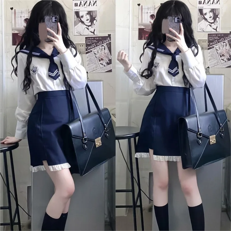 Uniforme de estilo universitário coreano para menina, Bolsa, Saia Hip, Terno de marinheiro, Uniforme Jk, Cosplay, Japonês Patchwork Dress Set, Quente