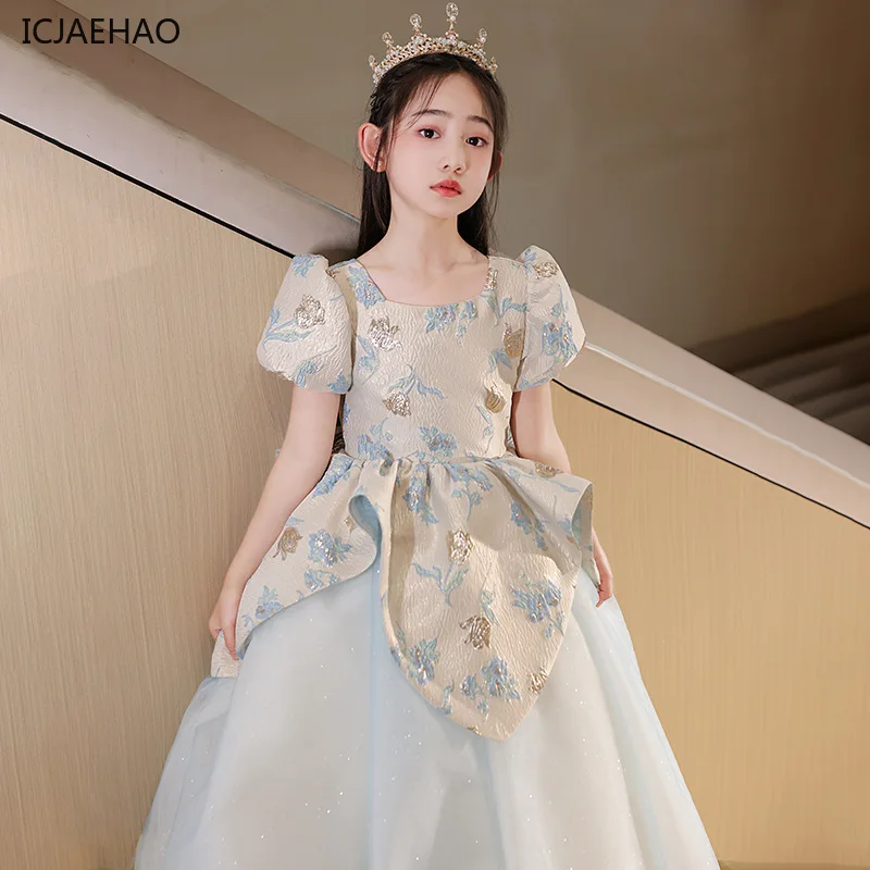 

ICJAEHAO 2024 Elegant Girl Dress Square Neck Frocks Fashion Evening Luxury Princess Clothes Puff Sleeves Ball Gown For Children