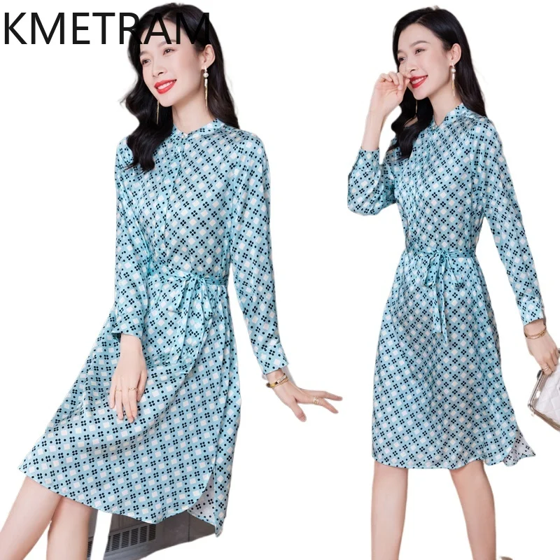 

KMETRAM 91.2% Real Mulberry Silk Dress Long Sleeve Women Clothing with Belt Mid Length Party Dresses Summer 2024 Woman Vestidos