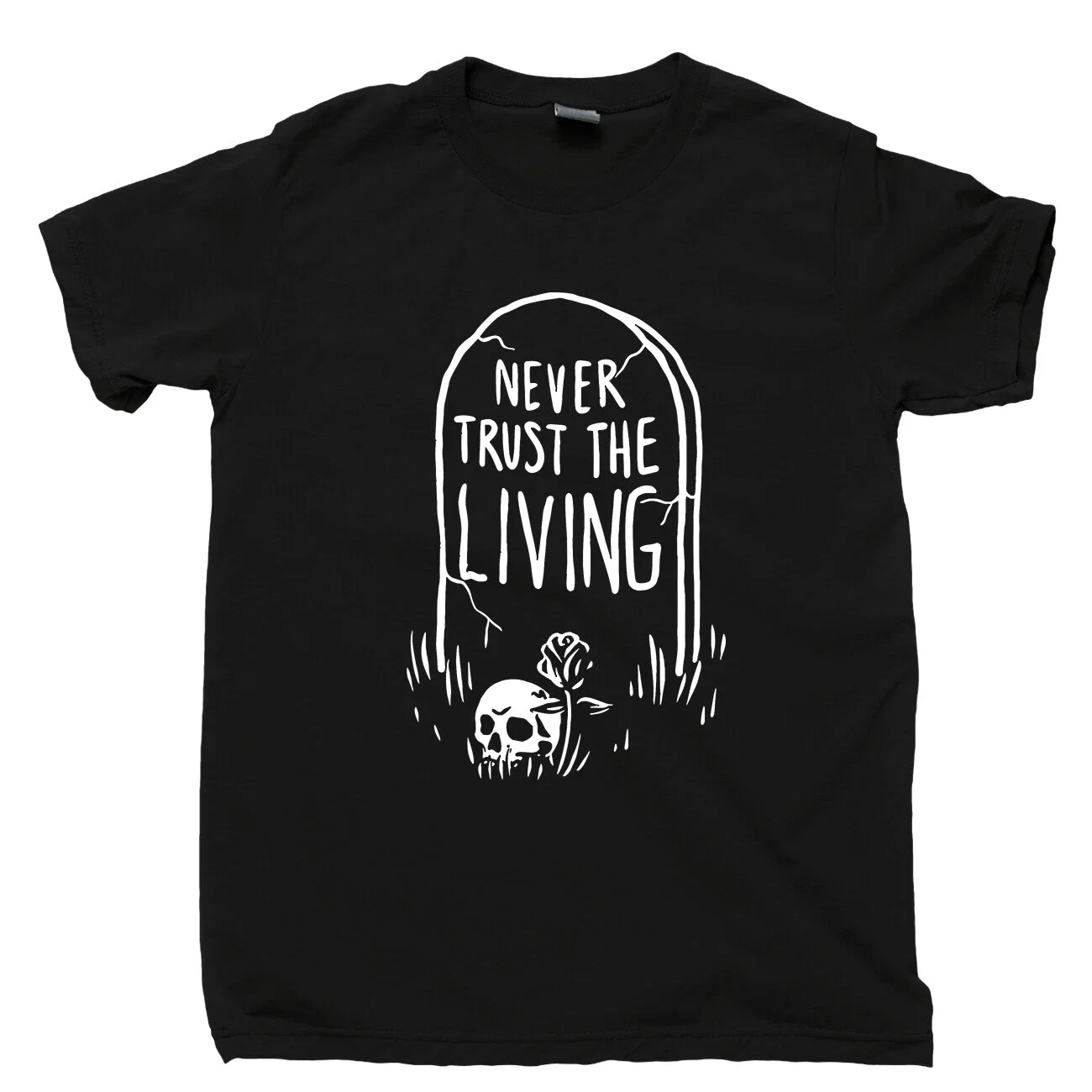 Men's Never Trust The Living T Shirt Tombstone Skull Skeleton Graphic Tee Cotton Women Oversize Summer Ironic Humor Streetwear