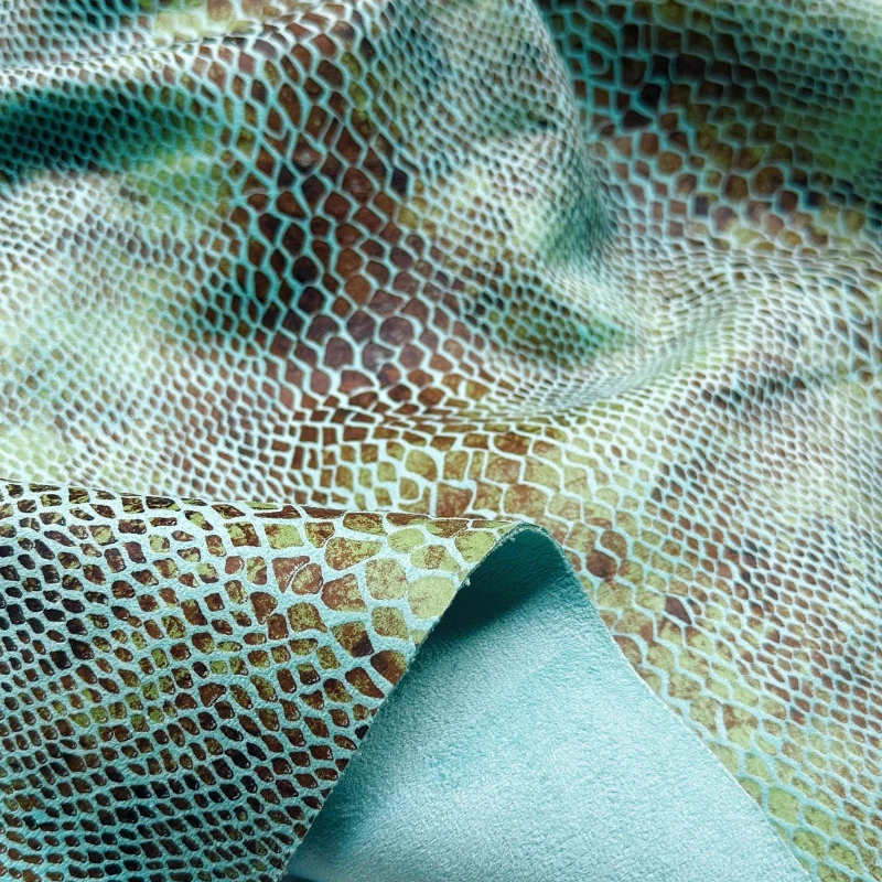 Snakeskin Pattern Blue Green Laminated Suede Fabric Handmade Sewing DIY Crafts Materials Stage Costume Fashion Women Decoration