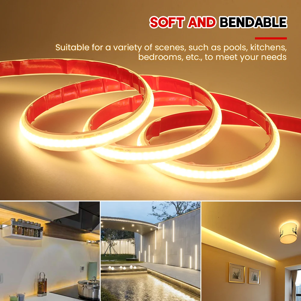 IP68 Waterproof COB Strip 12V 24V 1M 10M 20M 320Leds/M RA90 3000K 4000K 6000K High Density Flexible Ribbon Rope LED Light