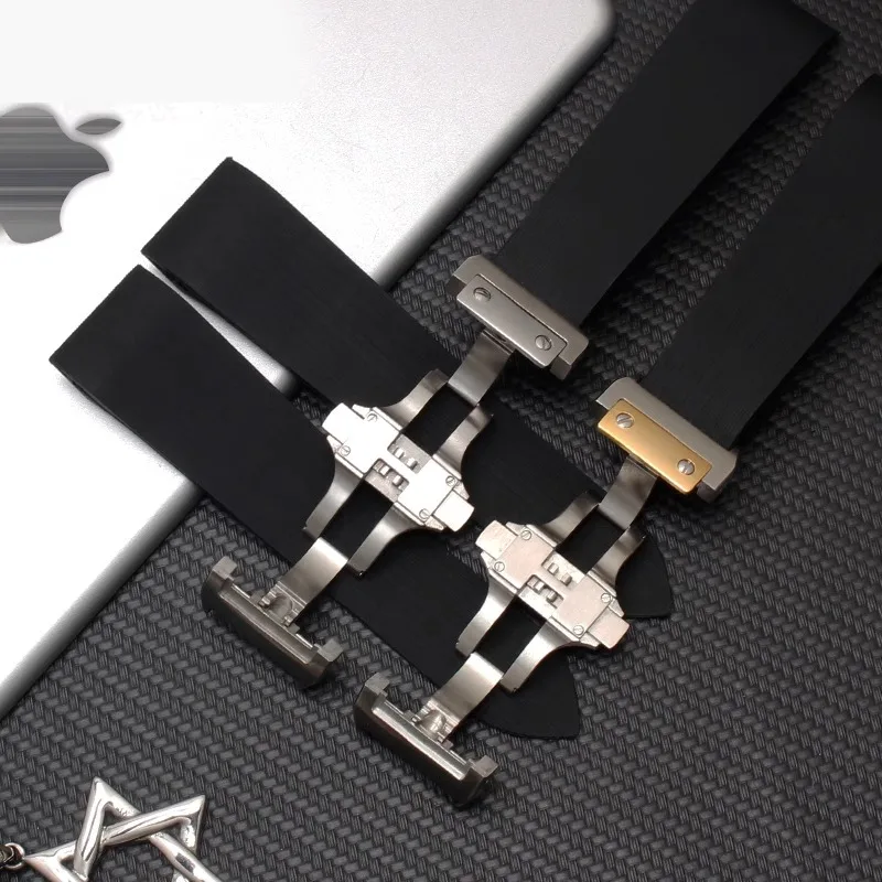For Cartier Santos 100 W2020007 Waterproof Rubber Watch strap 25mm black soft Silicone Stainless steel watch buckle Watchband