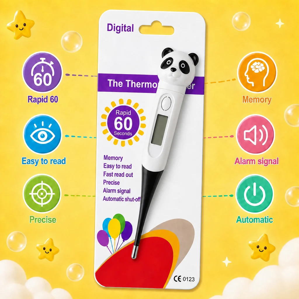 Cartoon Animal Digital Thermometer for Kids Fast Reading 60 Seconds ±0.1℃ Accuracy Fever Alarm Beeper Last Memory Recall