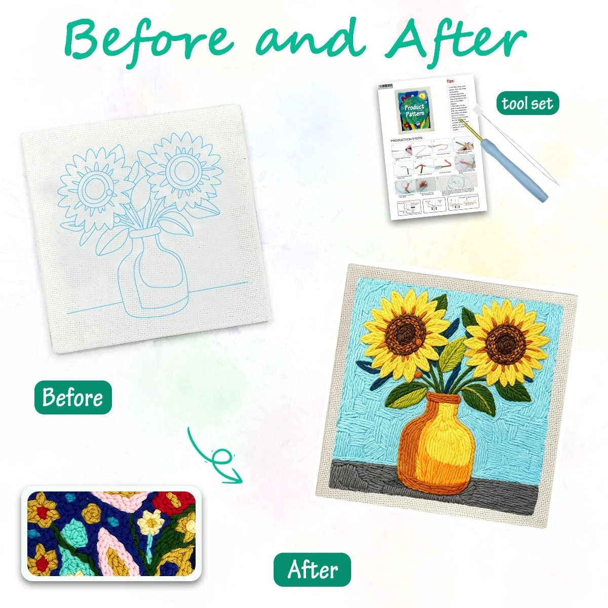 1 Set Sonnenblumen-Vase DIY-Stickerei-Set für Anfänger, Stickerei-Starter-Kit, Kreuzstich-Kunstgeschenk, Nadelarbeiten – Detail 1