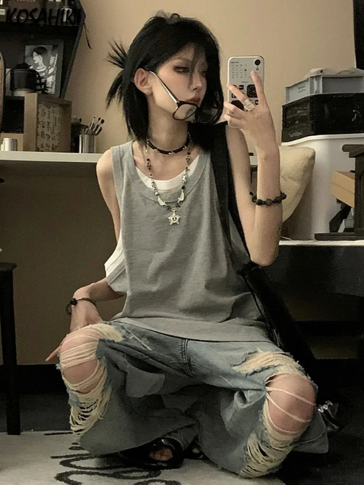 Y2k Aesthetic Tank Top Women Fake Two Pieces Streetwear Contrast Color Casual Loose Vest Summer Vintage Harajuku Grunge Tanks