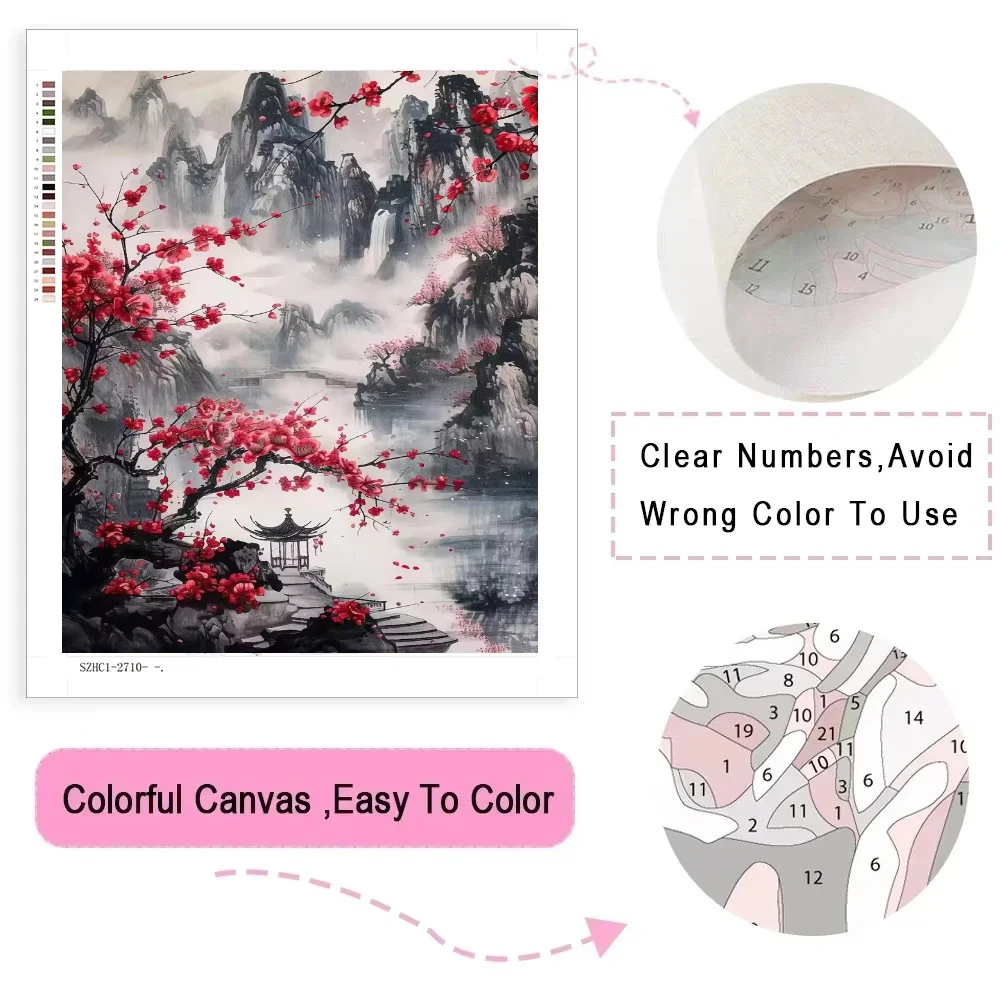 Oil Painting By Numbers Kit Japanese Cherry Blossom Mountain Pictures By Numbers Home Decor Holiday Gifts, Birthday Gifts