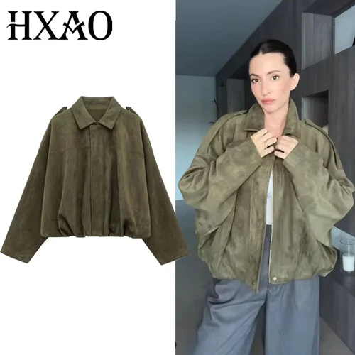 HXAO 2025 Chaquetas de mujer Chaqueta recortada de gamuza Chaquetas de bombardero de entretiempo para mujer Abrigos de manga larga Abrigos sólidos con cremallera de gran tamaño