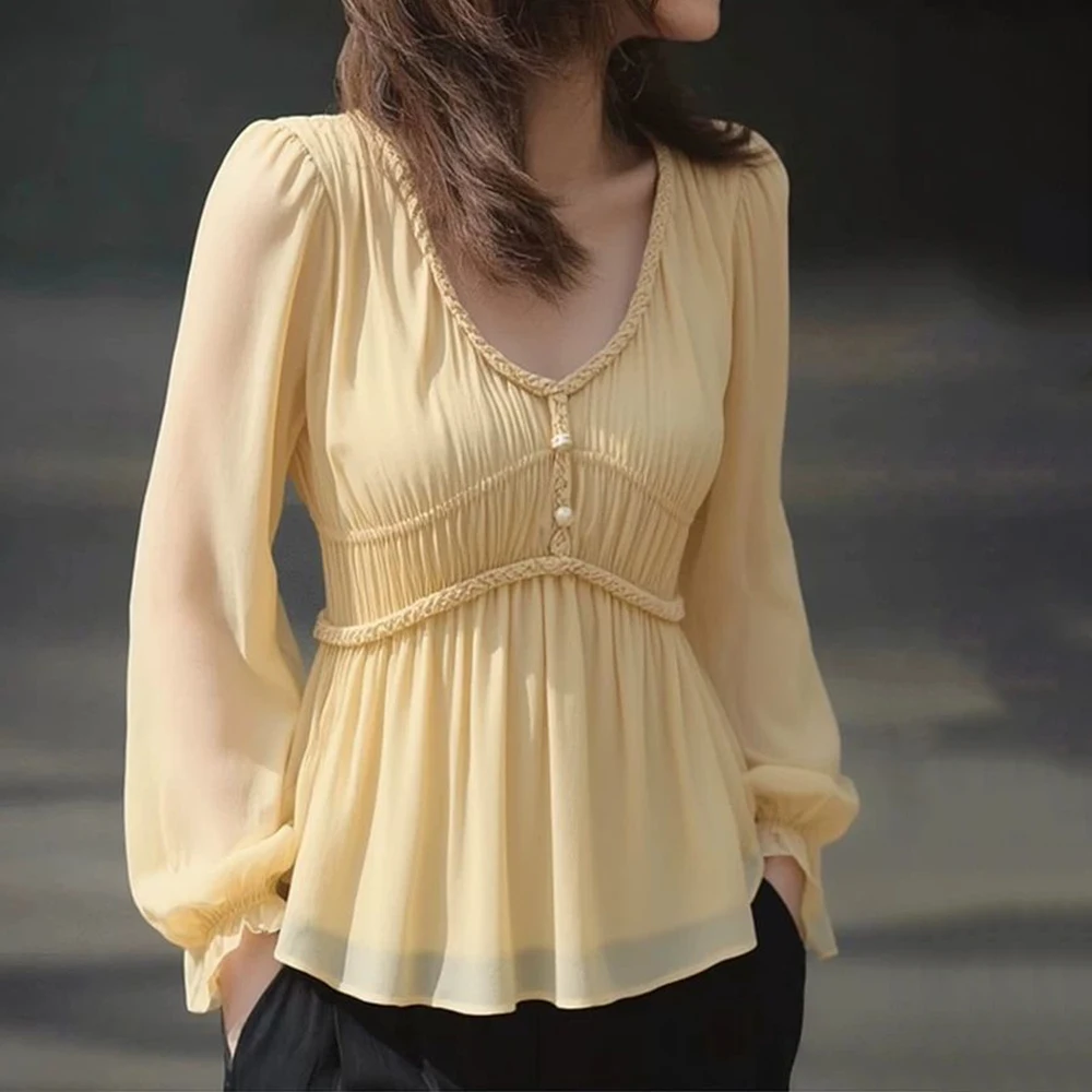 

Early spring new high-end French gentle wind V-neck waist chiffon shirt women's long-sleeved thin belly-covering large-size top