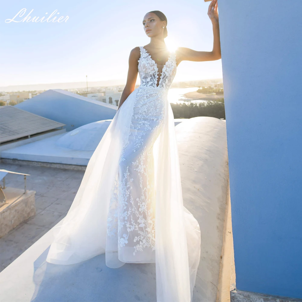Lhuilier Customized V Neck Illusion Mermaid Lace Appliques Wedding Dresses Sleeveless Backless Bridal Dress with Detachale Train