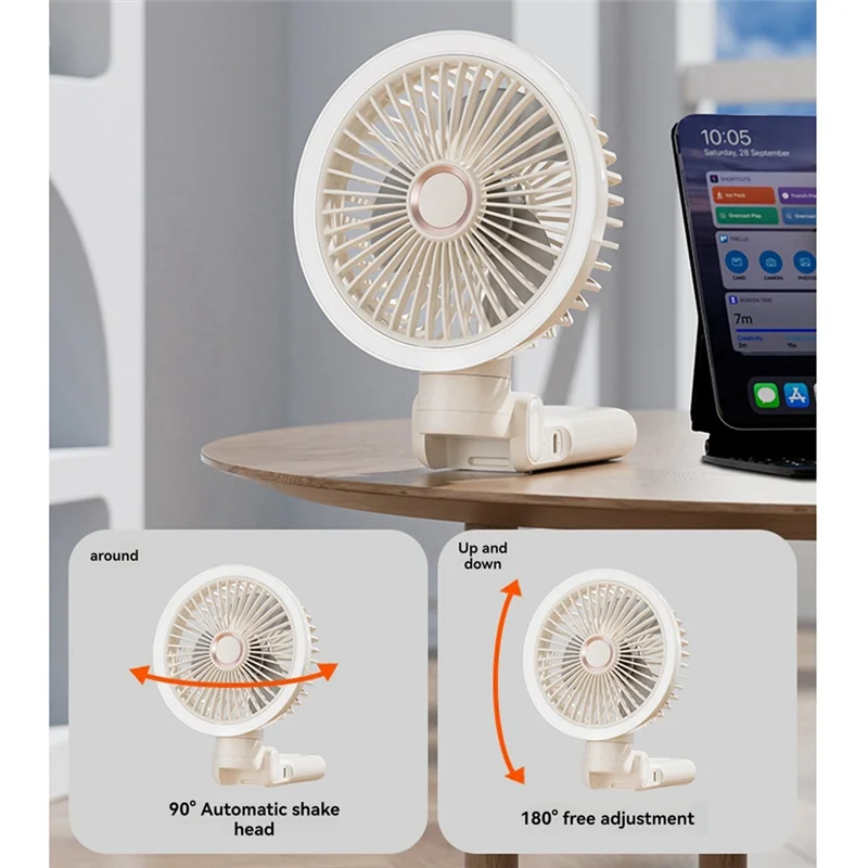 ABNG USB ชาร์จพัดลมตั้งโต๊ะแบบหนีบแบบพกพาพัดลมตั้งโต๊ะขนาดเล็กหมุนได้ 360 องศาปรับ Clip-On พร้อมไฟพัดลม