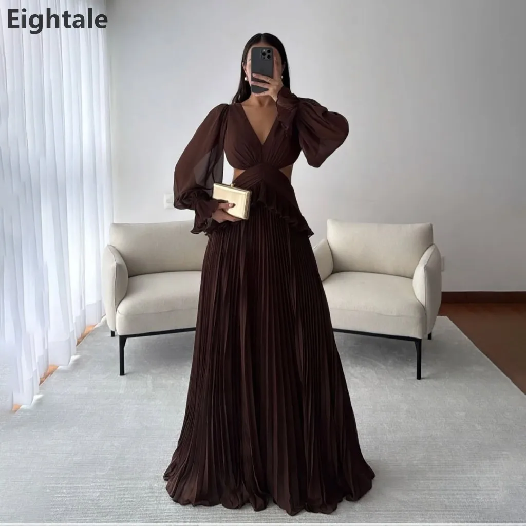 

Вечернее платье Eightale 2026 коричневое, А-силуэт, из шифона, макси, с открытой спиной, с длинными рукавами, в арабском стиле, для выпускного вечера, Дубай, на заказ