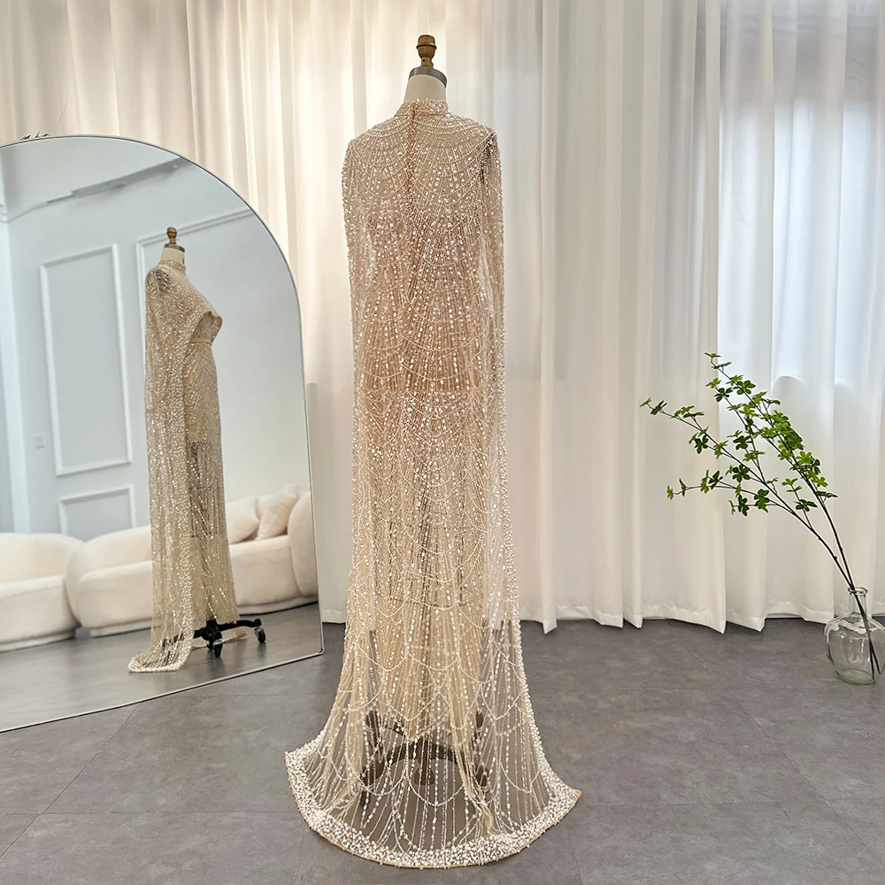 Sharon Said Luxus-Perlen Dubai Champagner Meerjungfrauen-Abendkleider mit Cape-Ärmeln Arabisches Hochzeits- und Abschlussballkleid SS369 Maßanfertigung – Detail 9