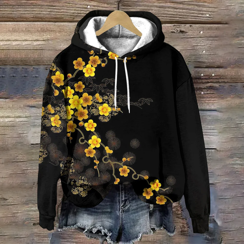 

Autumn Winter Women's Hoodie Fashion Designer Flower Pattern Print Traditional Chinese Ladies Sweatshirts Loose Tops Y2K Clothes