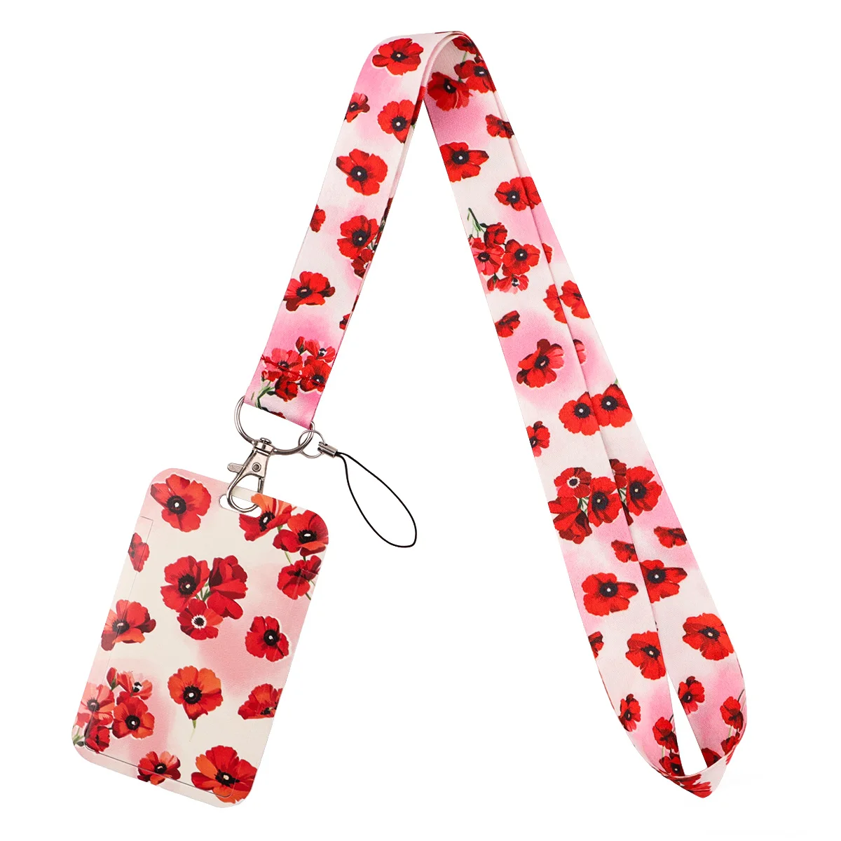 Trendy Pink Cherry Lanyard Keychain Vintage Red Poppy Ribbon Hang Rope Keyring Mobile Phone Neck Straps Key Ring Friends Gifts - view 3