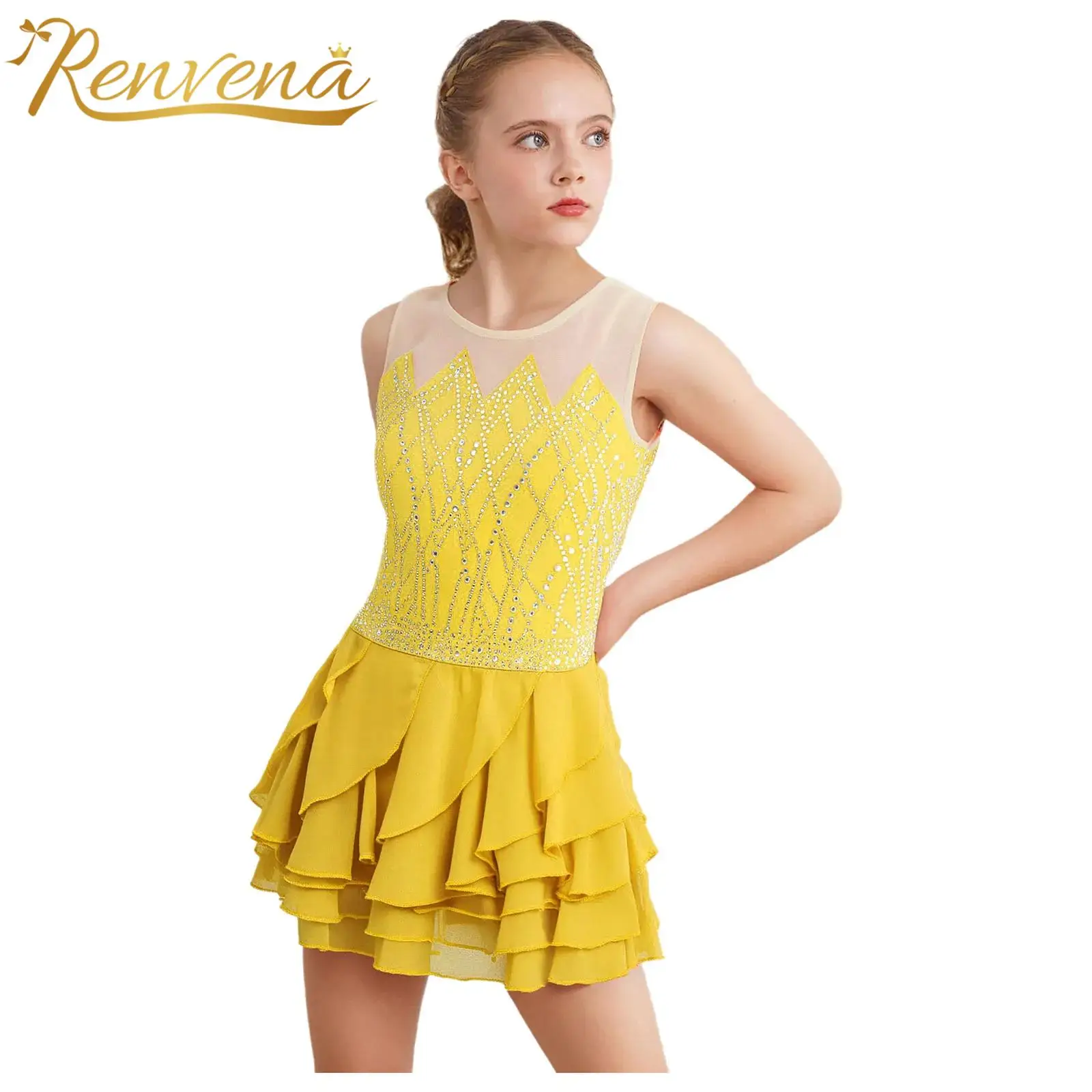 Girls Mesh Ballet Figure Skating Dress Dance Children Rhinestone Dancewear Rhythmic Gymnastics Leotards Ballerina Costume