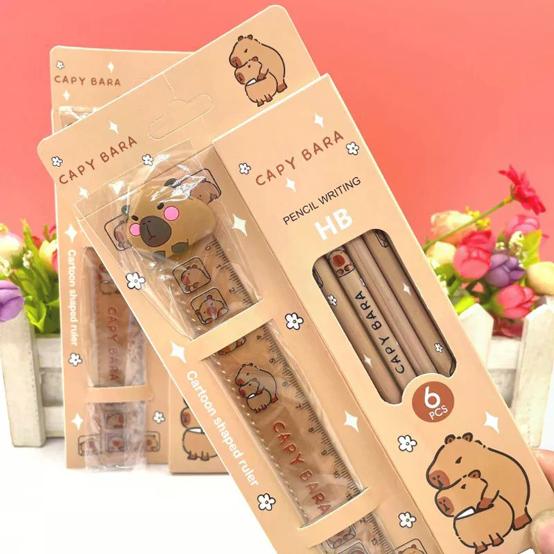 

1Set Capybara Cartoon Kawaii HB Wooden Lead Pencils With Ruler Cute Student Stationery Office Supplies Children's Day Gifts