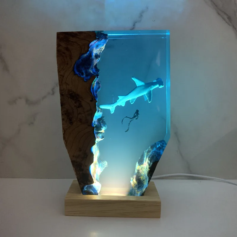Hammerhead Shark Resin Night Light, Ocean Themed Wood Base Decor, Christmas Birthday Gift