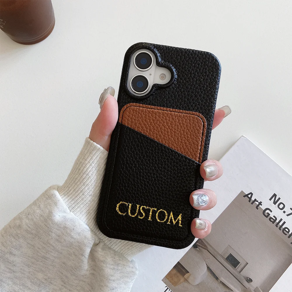 Personalized engraved name letter Customized CardHolder Leather Phone Case for iPhone16Promax 11 12 13 14 15ProMax 16Plus Cover