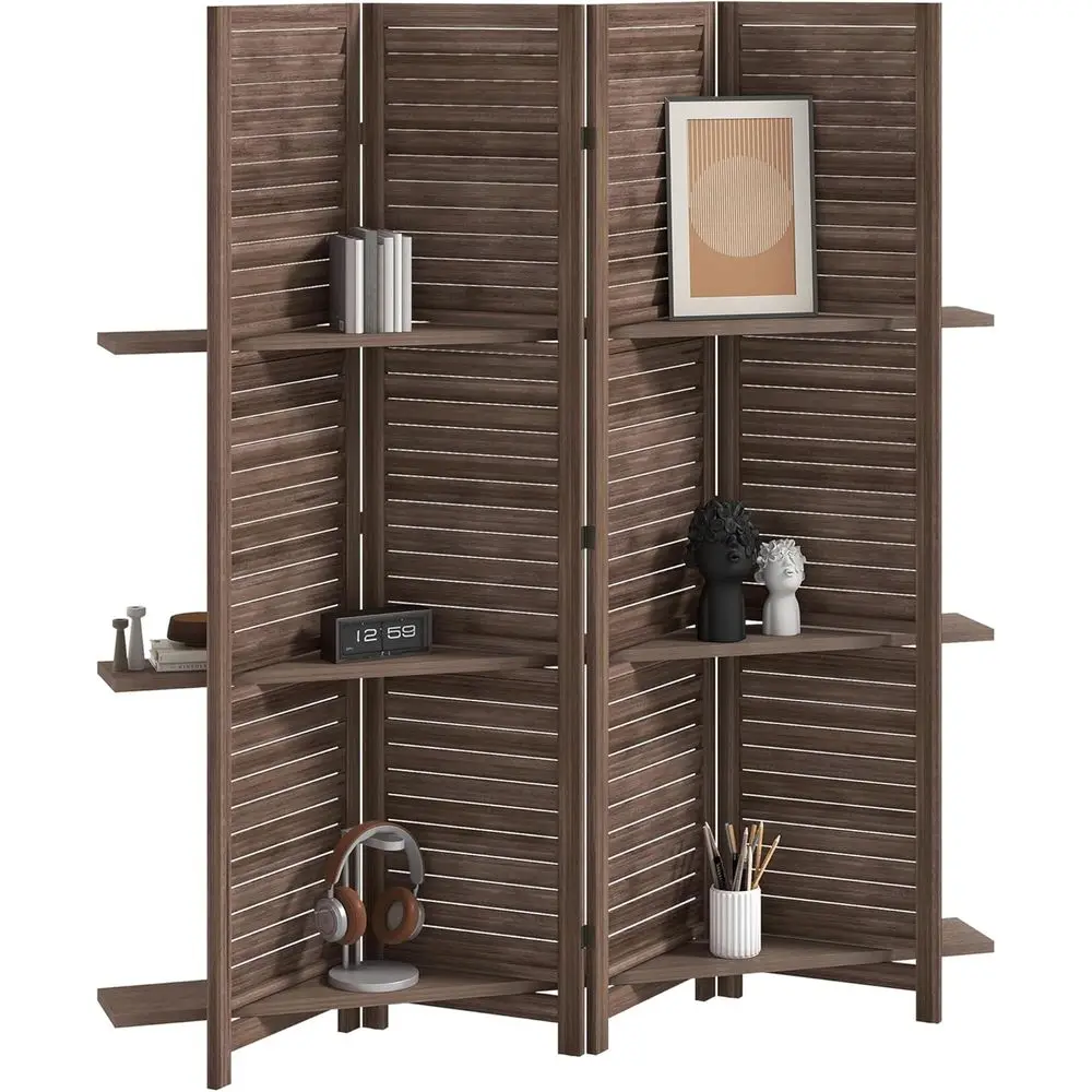 

4-Panel 67 Tall Wooden Privacy Screen with 3 Shelves for Storage or Bedroom/Home Office, Walnut