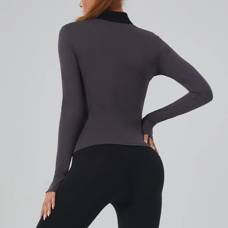سترة رياضية لليوجا للتخسيس للسيدات - ملابس للتمرين بياقة واقفة وأكمام طويلة وسحاب، قماش قابل للتمدد #4