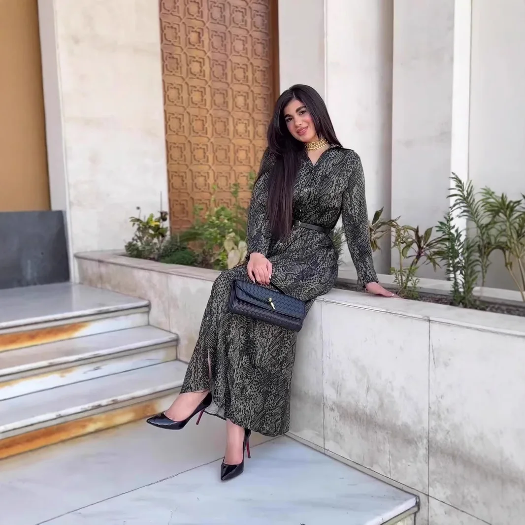 Retro Snake Printing Shirt Dresses Spring Women Single Breasted Long Sleeves Dress Autumn High Waist Straight Knee Length Dress