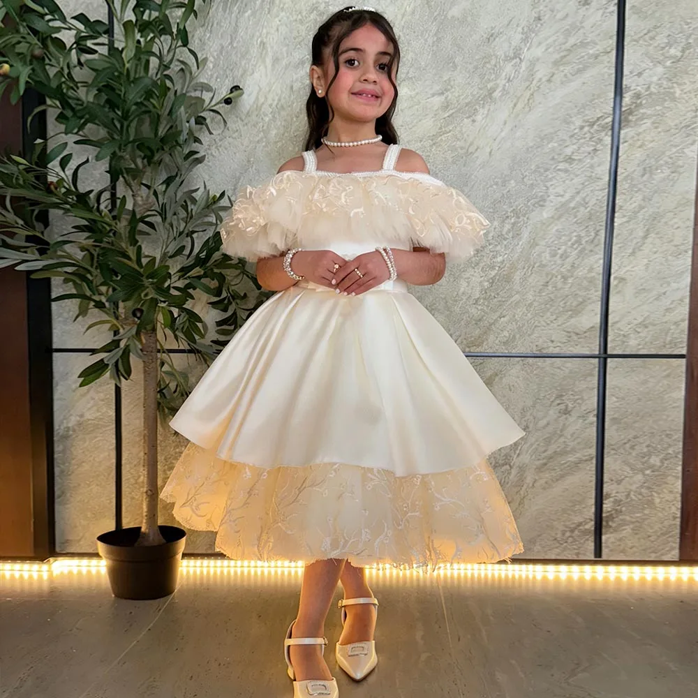 

Champagne Chic Flower Girl Dresses A-line Dress For Girls Beads Birthday Dress Satin Puff Girl Princess Dress Cute Kids' Dresses