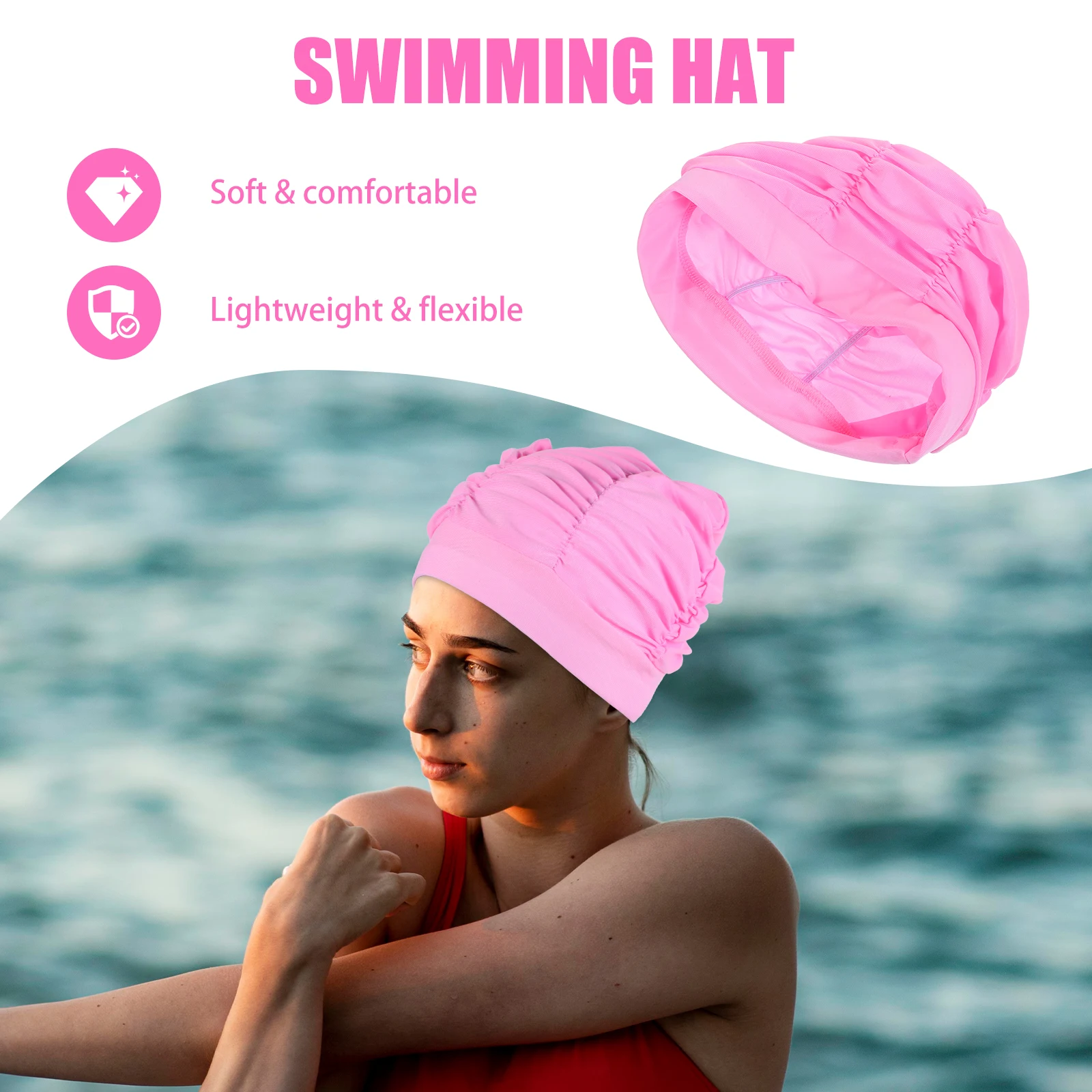 

Pleated Swim Cap for Women Long Hair Large Size Comfortable Polyester Hats for Swimming Use Military Green Color