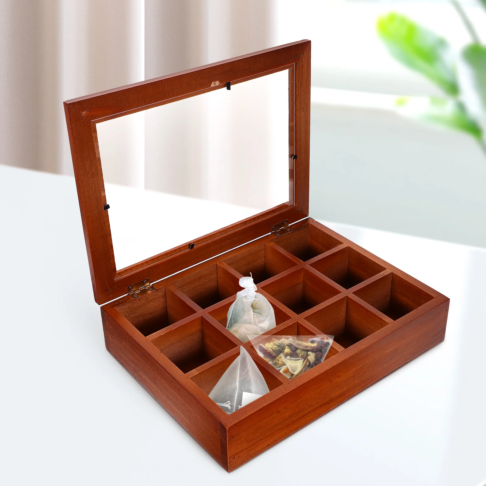 12-Compartment Tea Bag Storage Box Clear Acrylic Wood Organizer Coffee Bar Multi-Function Holder Tea Organiser Box view 6