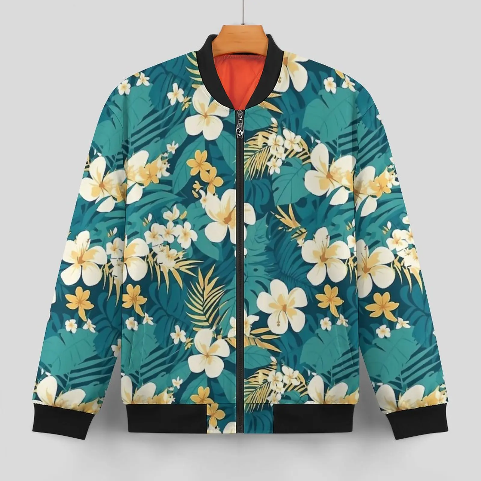 Tropical Flower Casual Jackets Green Hawaiian Motif Zipper Windbreakers Male Printed Coats Winter Street Wear Outerwear Jacket