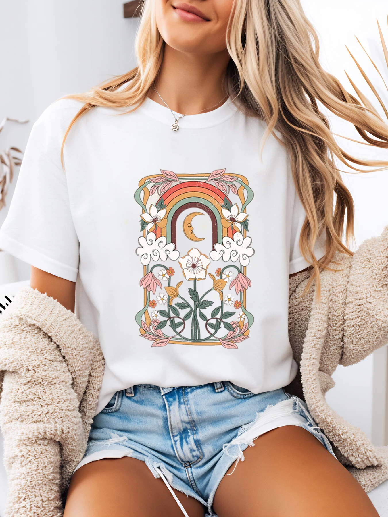 レインボー ムーン フラワー プリント T シャツ 女性用 夏 カジュアルウェア ホワイト プラスサイズ