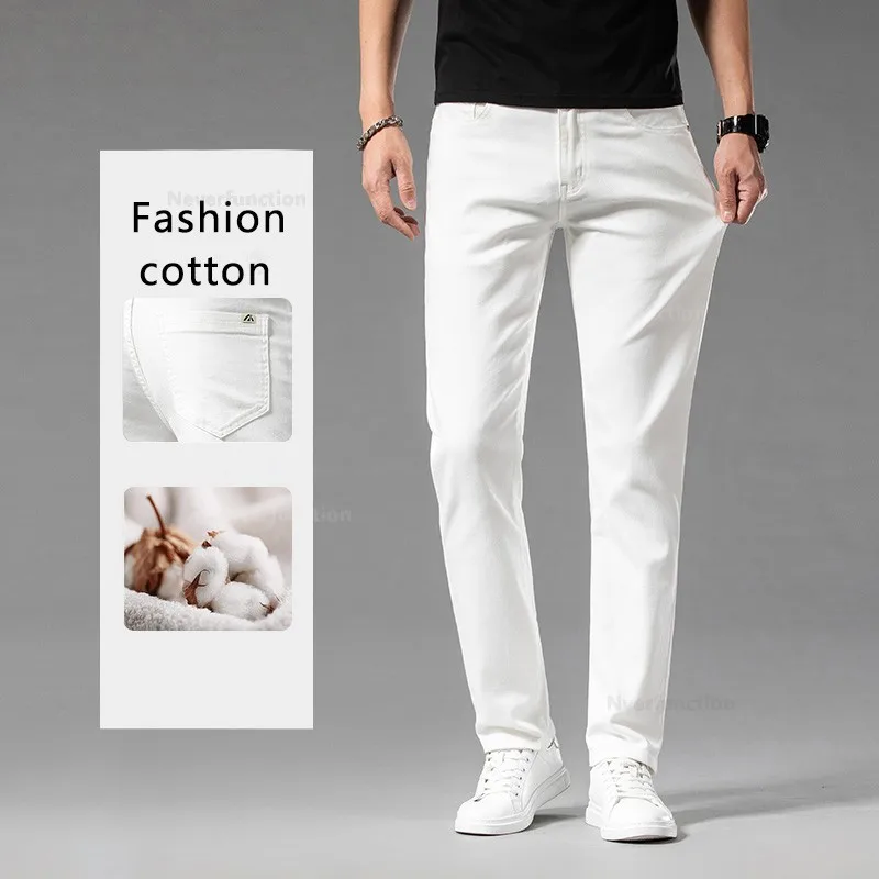 Luxury Men\'s White Slim Jeans Spring Summer New 98% Cotto Stretch Fashion Casual Male Clothes Straight Denim Trousers