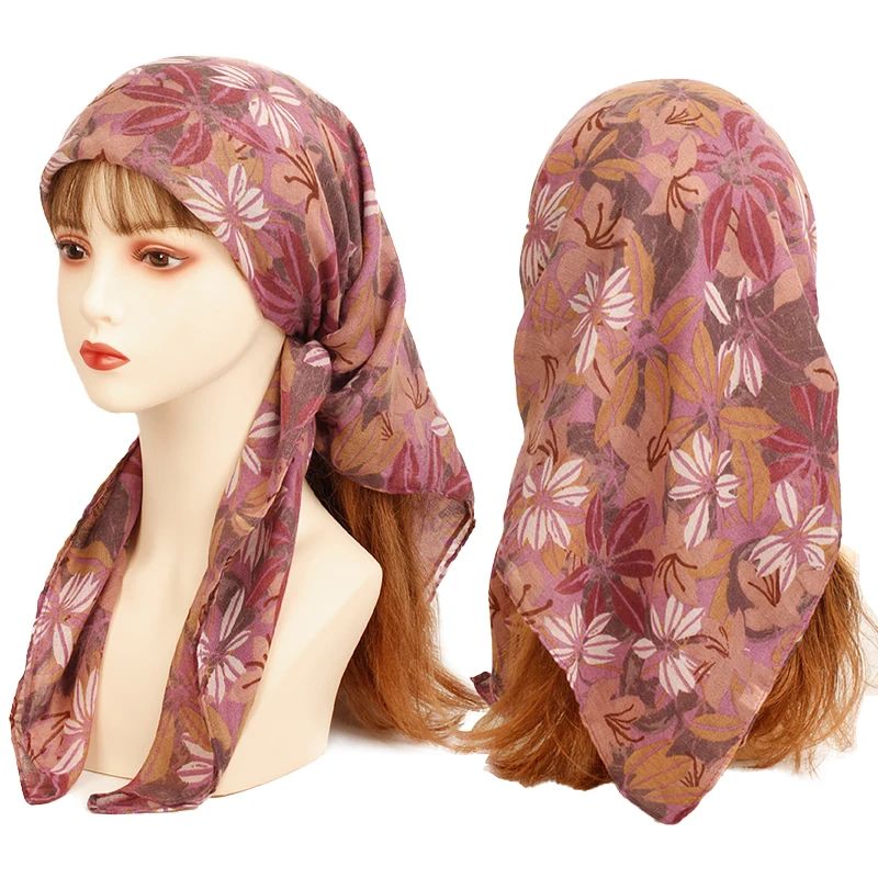 Women Vintage Four Seasons Scarf Fashion Ladies Outdoor Leaves Flowers Print Decorate Headband Scarf Outdoor Kerchief Soft Wrap