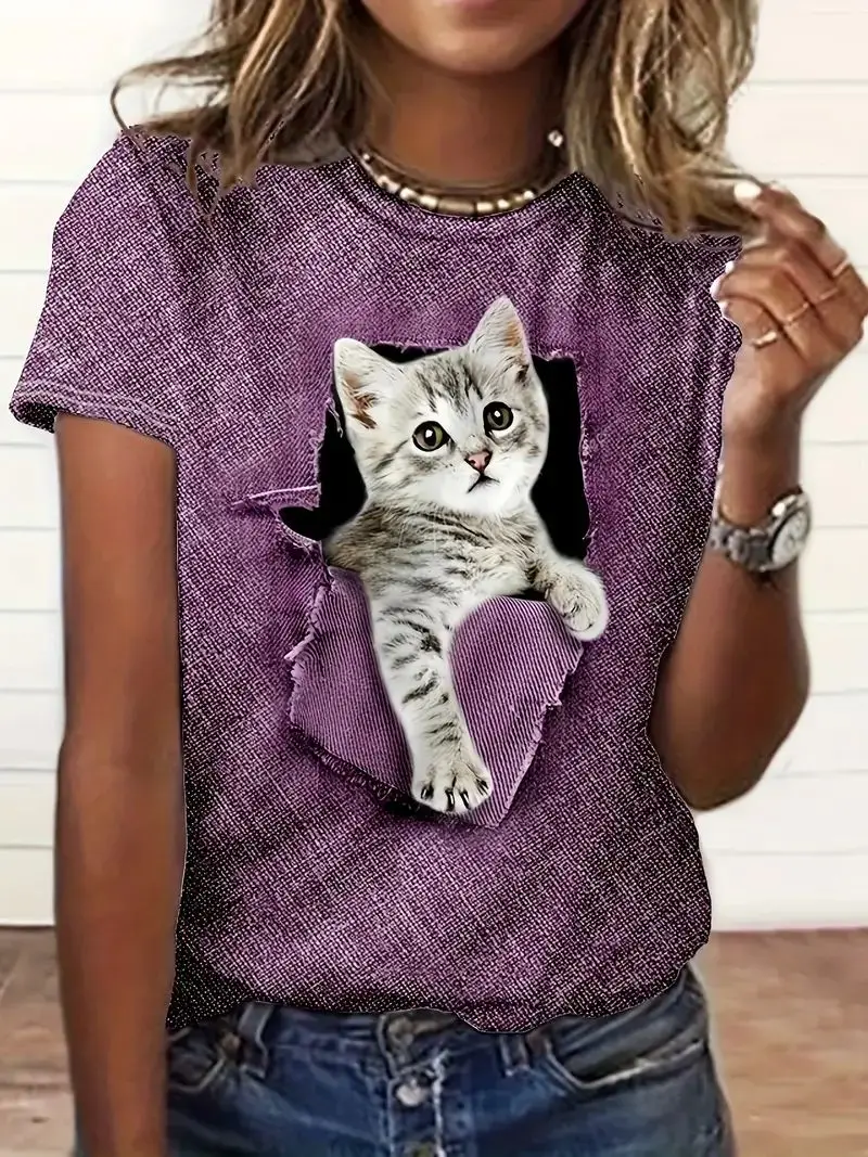 Trendy Women\'s 3D Cat Print Round Neck T-Shirt, Casual Loose Short Sleeve Summer T-Shirt Tops Comfortable Women\'s Short Sleeve